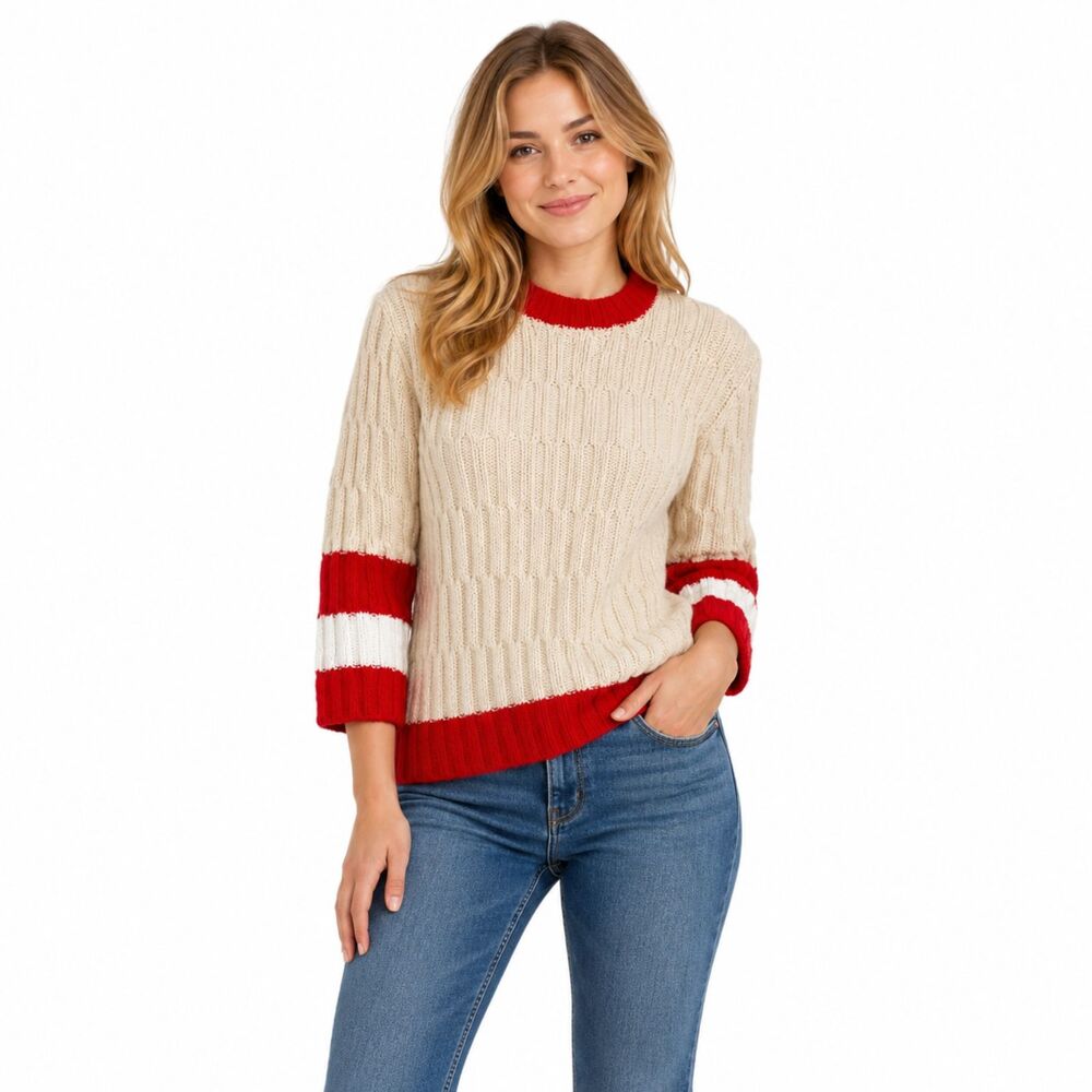 Hand Knitted Medium Cable Knit Cream White Red Homemade Pullover Sweater